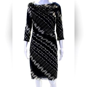 Kay Unger Womens Blue Black Printed Drape Neck Long Sleeve Shift Dress Size L